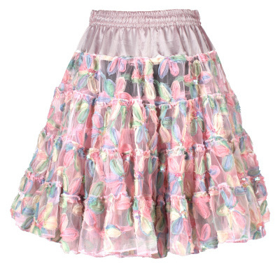 Saia rodada multicolor com pétalas em tecido transparente e cintura elástica rosa