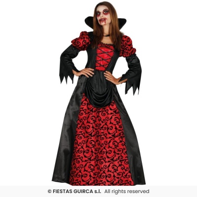 Vestido fantasia vermelho e preto com padrão ornamental e mangas compridas para Halloween