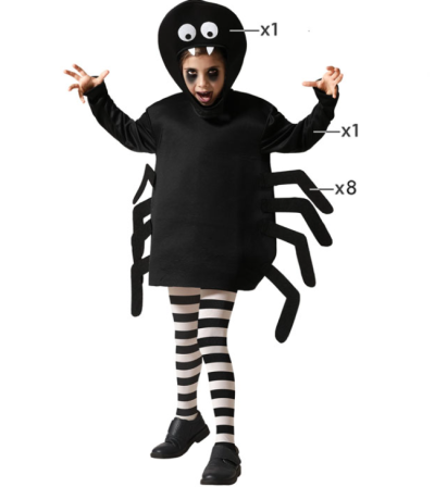 Fato infantil de aranha preto com cabeça, olhos grandes e pernas falsas.