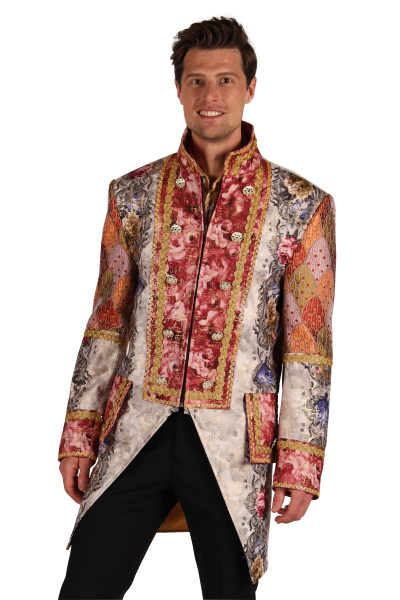 Casaco masculino estampado, com botões metálicos e detalhes dourados.