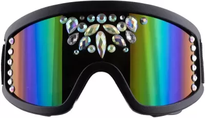 Óculos de proteção com lentes espelhadas e pedras decorativas