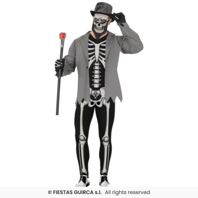 Fantasia de esqueleto com casaco cinzento e chapéu preto