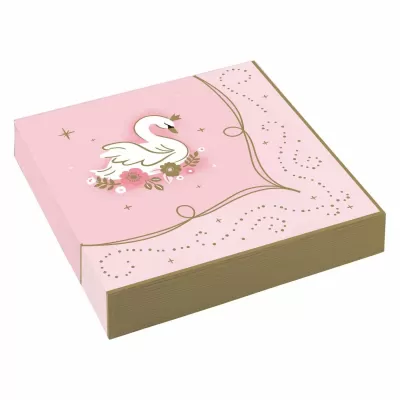 Guardanapos rosa com cisne branco e detalhes dourados