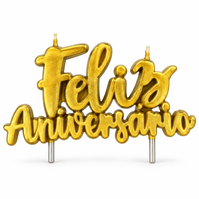 Vela dourada com texto Felizes Aniversário