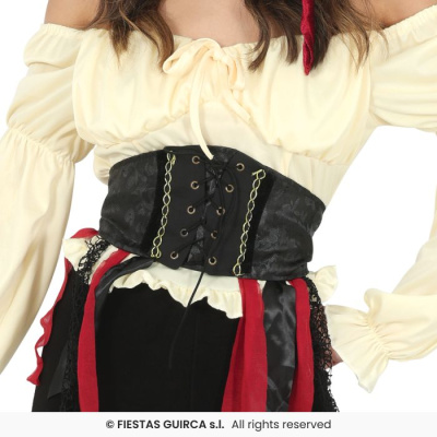 Corset preto com cordão, blusa creme de mangas bufantes e fitas vermelhas e pretas
