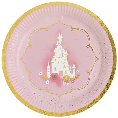 Prato descartável rosa com castelo branco e dourado e borda dourada