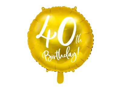 Balão redondo dourado com texto branco 40th Birthday