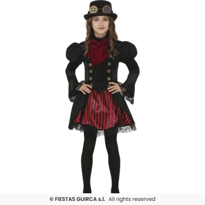 Vestido de fantasia infantil steampunk preto e vermelho com chapéu e detalhes em renda