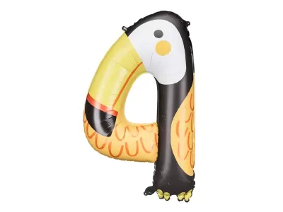 Balão número 4 em forma de arara com cores amarelo, preto, branco e laranja