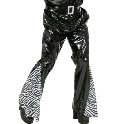Calças vinil pretas com estampa zebra laterais e sapatos glitter preto salto alto