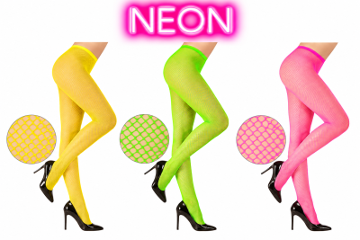 Três pares de collants de rede neon coloridos com sapatos de salto altos pretos