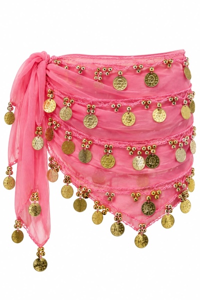 Lenço rosa com moedas douradas penduradas