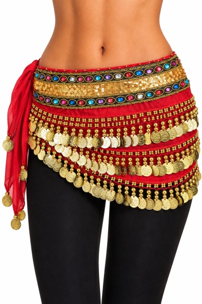 Lenço de dança de ventre vermelho com moedas douradas e pedras coloridas sobre leggings pretas