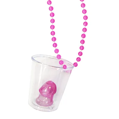 Colar com contas rosa e copinho transparente com objeto rosa em forma de falo