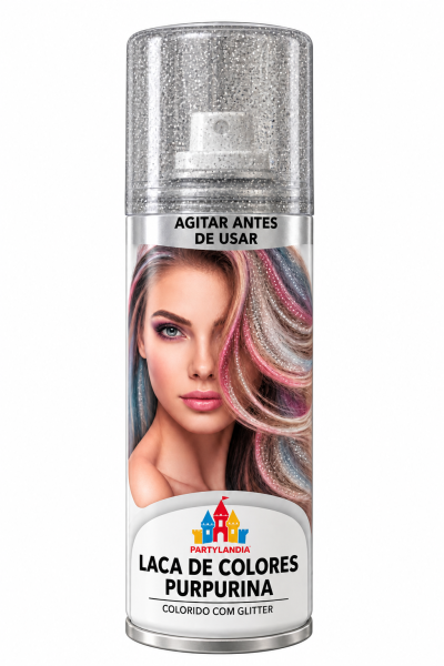 Spray de laca colorida com glitter da marca PARTLANDIA com tampa transparente e imagem de mulher com cabelo colorido.