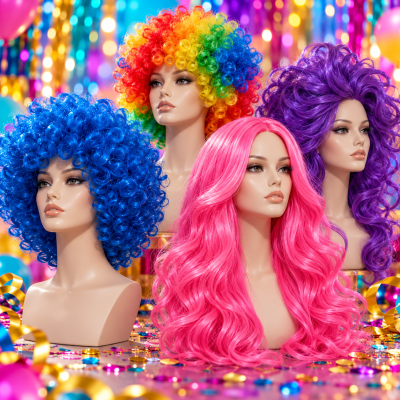 Quatro perucas coloridas em manequins com decoração festiva ao fundo