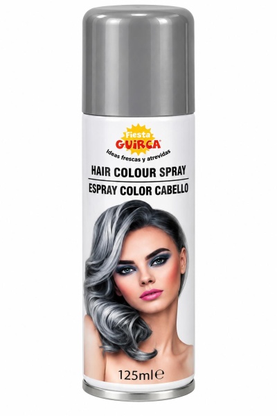 Frasco branco de spray para cabelo com tampa cinzenta e imagem de mulher com cabelo cinzento prateado.