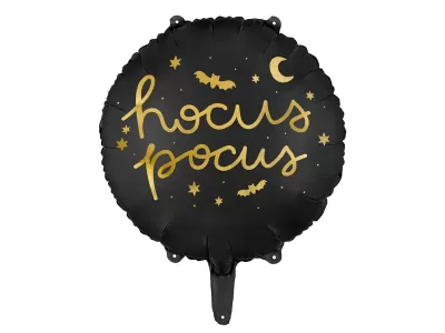 balão preto redondo com texto dourado hocus pocus e desenhos de morcegos e lua
