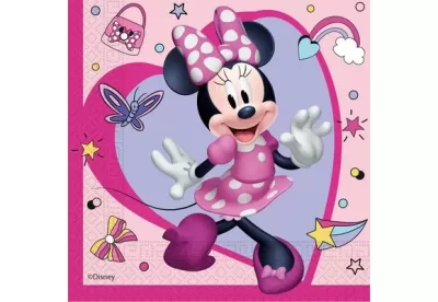 Guardanapo de papel rosa com Minnie da Disney em vestido de bolinhas brancas e elementos gráficos coloridos.