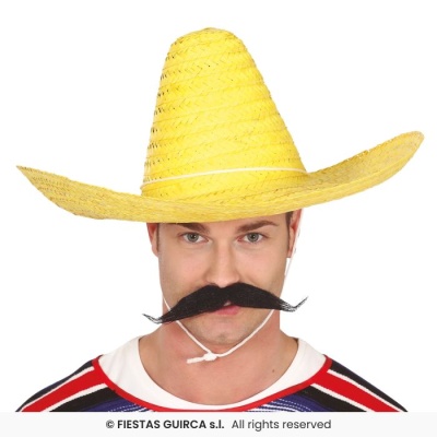 Homem com sombrero amarelo e bigode preto falso