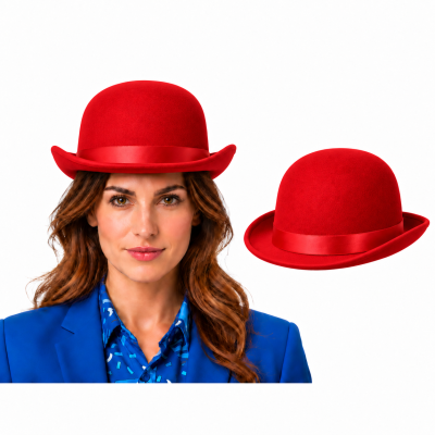 Chapéu vermelho tipo bowler com faixa de cetim