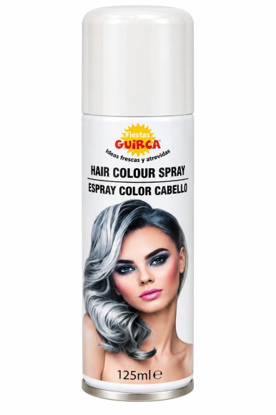 Spray de cor para cabelo branco com imagem feminina e texto em inglês e espanhol