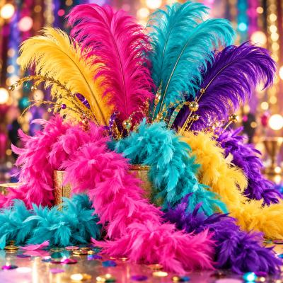 Adereços de penas coloridas com elementos dourados e confetes em ambiente festivo