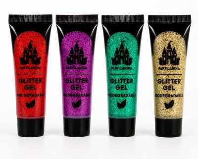 Quatro tubos de gel brilhante biodegradável em vermelho, roxo, verde e dourado com tampa preta.