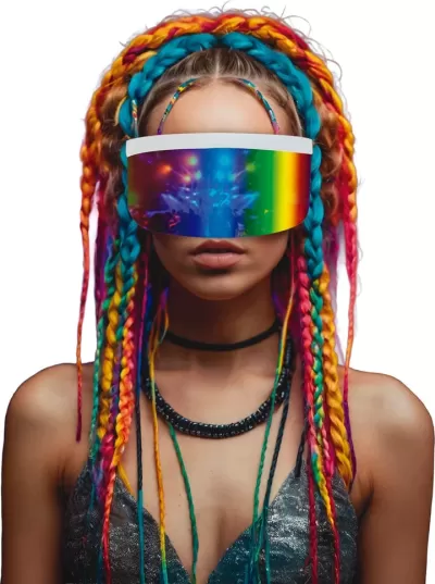 Pessoa com cabelos trançados coloridos e visor holográfico multicolorido