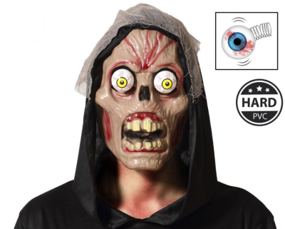 máscara caveira Halloween PVC duro com olhos saltados e capuz preto