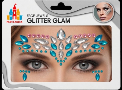 Joias faciais brilhantes coloridas aplicadas na testa e rosto de modelo, embalagem branca da PARTILANDIA.