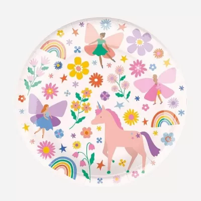 Prato descartável com desenhos de fadas, unicórnio, flores e arco-íris coloridos
