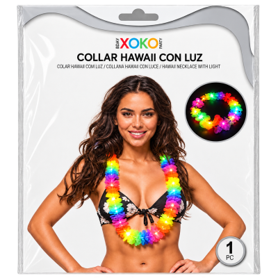 Embalagem com colar havaiano colorido com luz