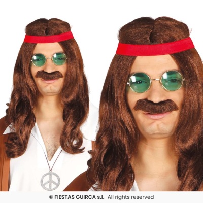 Peruca castanha longa com bigode, óculos de lentes verdes e faixa vermelha na cabeça