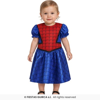 Vestido infantil com padrão de teia de aranha vermelho e azul