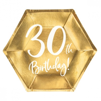 Prato hexagonal dourado com texto 30th Birthday!
