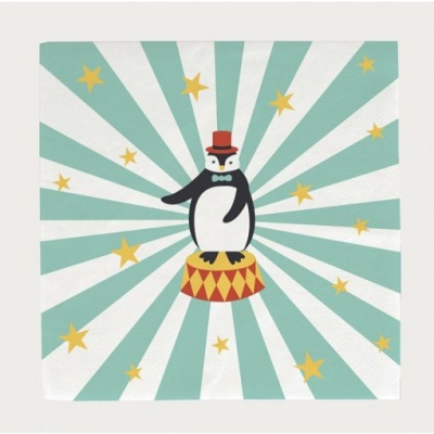 Guardanapo com pinguim de cartola em pedestal e estrelas num fundo riscado verde e branco