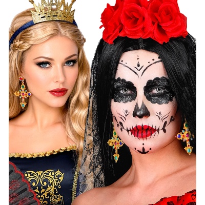 Dois rostos femininos com tiara dourada e flores vermelhas com véu preto