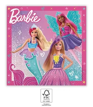 Embalagem de Barbie com três bonecas em fantasias coloridas e selo FSC