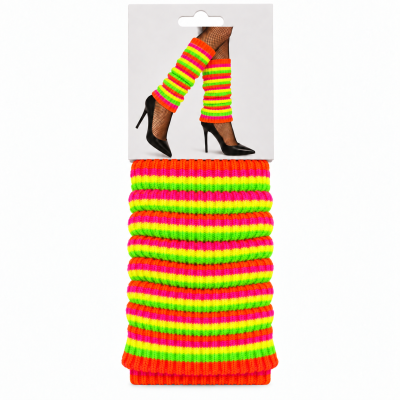 Polainas de malha coloridas laranja, rosa, verde fluorescente e amarelo em embalagem com imagem de pernas femininas.