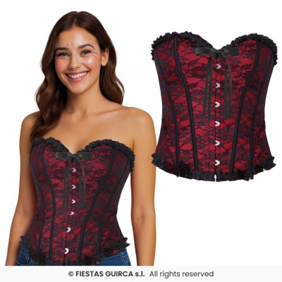 Corset feminino vermelho com renda preta, fecho frontal e laço preto
