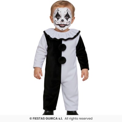 Disfarce infantil de palhaço em preto e branco com maquilhagem facial e macacão bicolor.