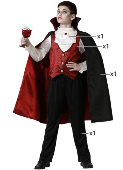 Fato infantil de vampiro com capa preta e vermelha, colete, camisa branca e calças pretas