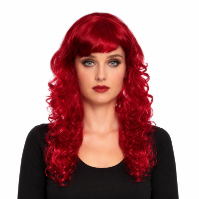 Mulher com peruca vermelha ondulada e franja, camiseta preta e fundo branco