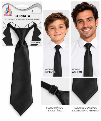 Gravata preta ajustável para adultos e crianças em embalagem com descrição.