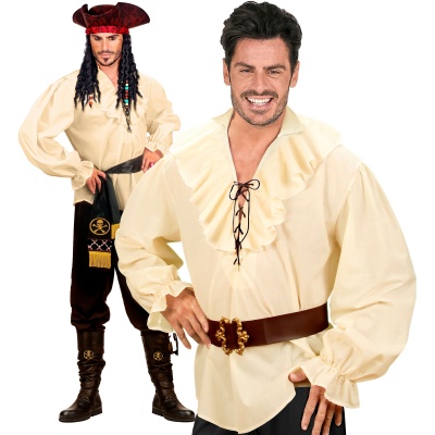 Homem com camisa bege de folhos e cinto castanho com fivela dourada