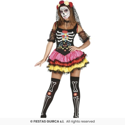 Fato de carnaval feminino com tema caveira mexicana e saia colorida