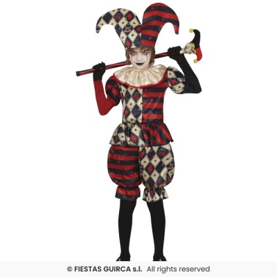 Fantasia de bobo da corte colorida com chapéu e bengala