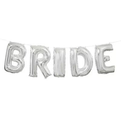 Balões prateados da palavra BRIDE suspensos