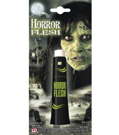Tubo preto de maquilhagem Horror Flesh com fundo de cenário assustador e rosto pintado de verde